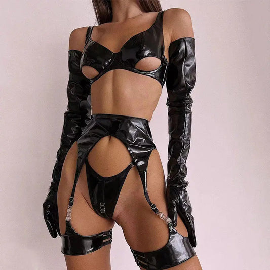 Latex Leather Lingerie Set Black Pu