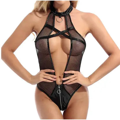 Latex Leather Mesh Lingerie Set